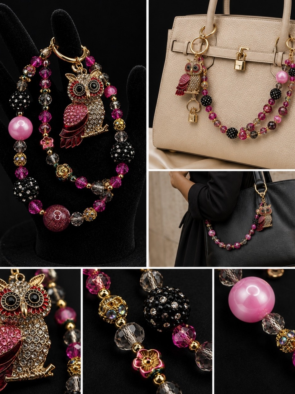Gold Owl Charm Bag Chain in Pink and Black - Women Jewelry